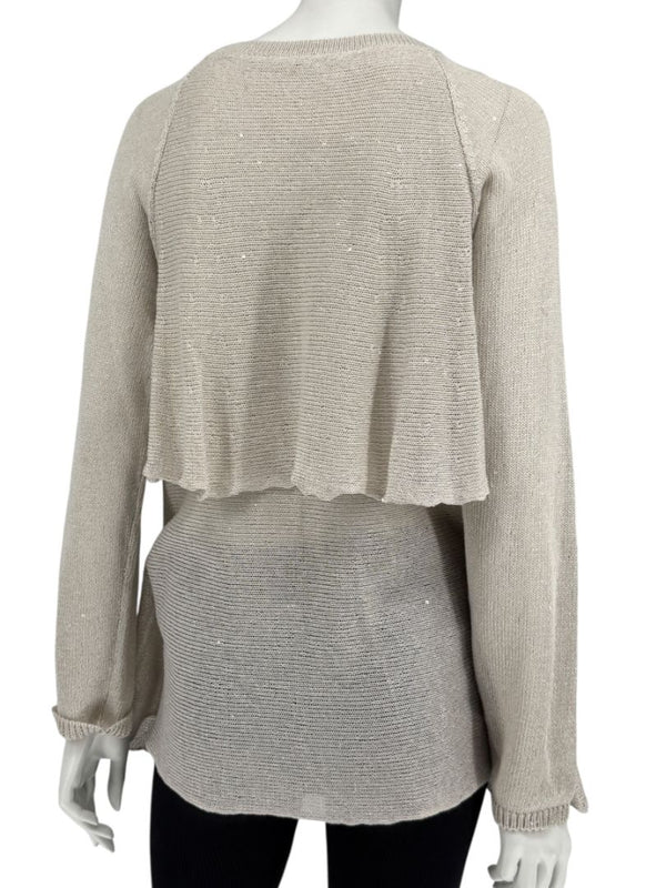 Brunello Cucinelli Beige Layered Linen & Silk Sequin Sweater – Size XL