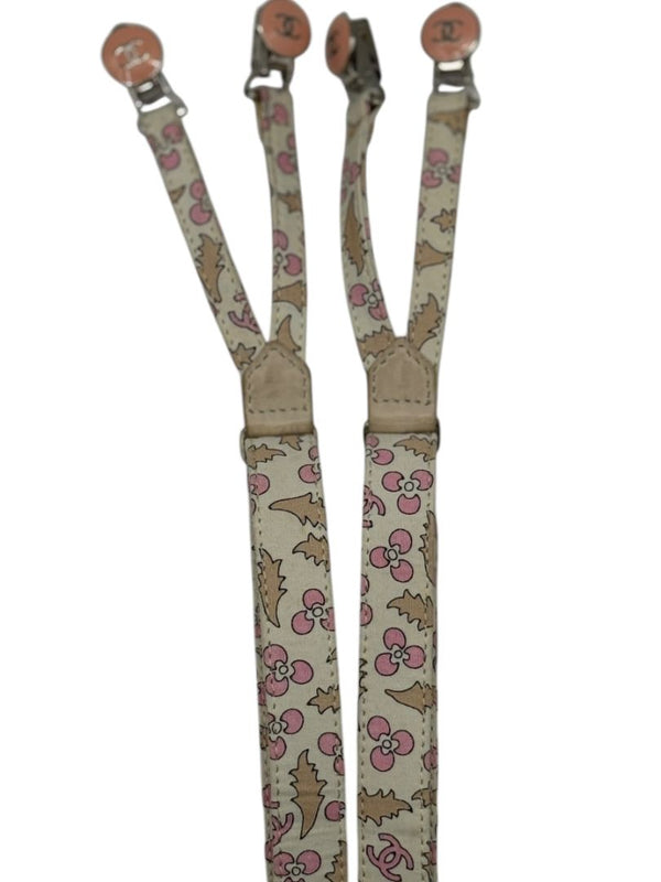 Chanel *Rare* printed suspenders with pink enamel CC logo clips — includes Chanel box
