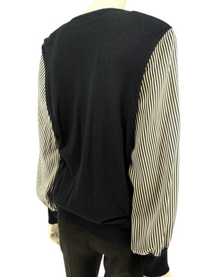 Neiman Marcus Navy Cashmere V-Neck Sweater with Striped Sleeves – Size XL