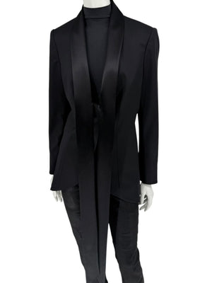 Pamella Roland Black Satin Tie Front Tuxedo Blazer Jacket - Large