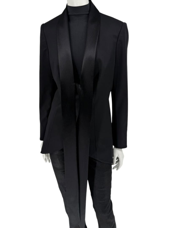 Pamella Roland Black Satin Tie Front Tuxedo Blazer Jacket - Large
