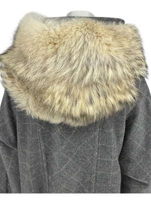 Pamella Roland Grey Wool Cape Style Jacket with Fur Trim Hood & Cuffs – Large