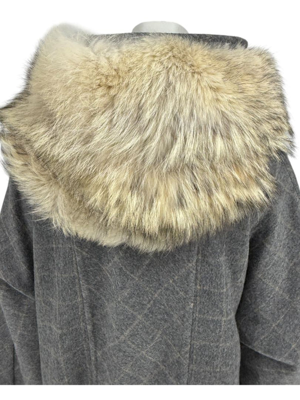 Pamella Roland Grey Wool Cape Style Jacket with Fur Trim Hood & Cuffs – Large