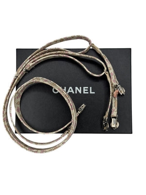 Chanel *Rare* printed suspenders with pink enamel CC logo clips — includes Chanel box