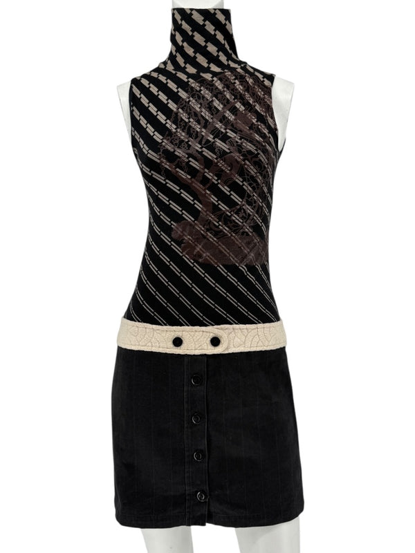 Custo Barcelona Sleeveless High-Neck Mixed-Media Mini Dress – Size 2