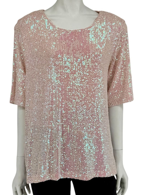 Caroline Rose Blush Sequin Knit Short-Sleeve Top – Size XL