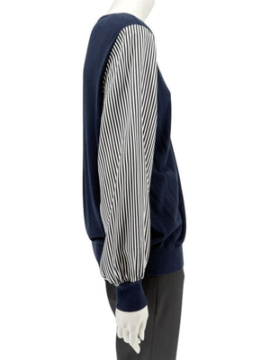 Neiman Marcus Navy Cashmere V-Neck Sweater with Striped Sleeves – Size XL