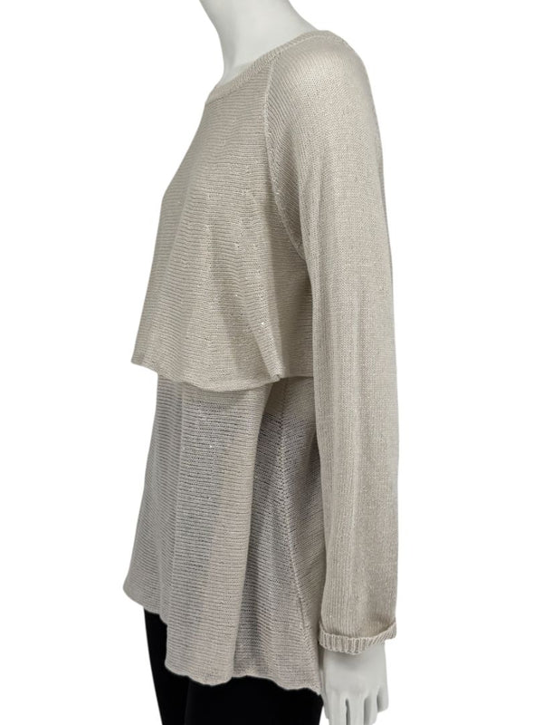 Brunello Cucinelli Beige Layered Linen & Silk Sequin Sweater – Size XL