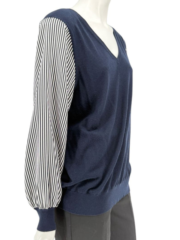 Neiman Marcus Navy Cashmere V-Neck Sweater with Striped Sleeves – Size XL