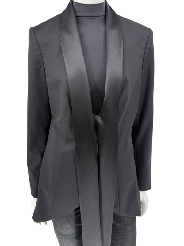 Pamella Roland Black Satin Tie Front Tuxedo Blazer Jacket - Large