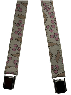 Chanel *Rare* printed suspenders with pink enamel CC logo clips — includes Chanel box