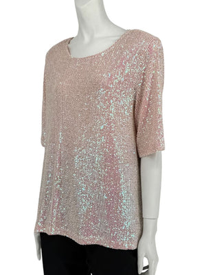 Caroline Rose Blush Sequin Knit Short-Sleeve Top – Size XL