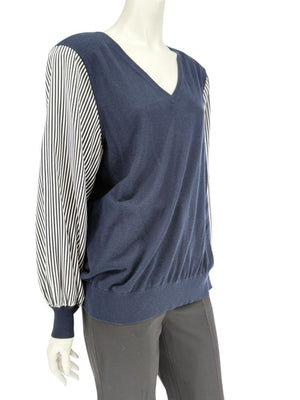 Neiman Marcus Navy Cashmere V-Neck Sweater with Striped Sleeves – Size XL