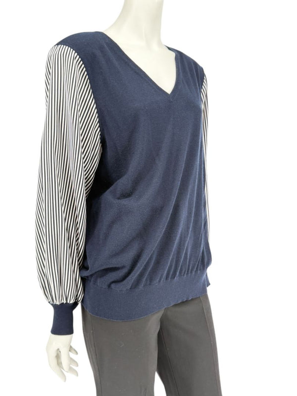 Neiman Marcus Navy Cashmere V-Neck Sweater with Striped Sleeves – Size XL