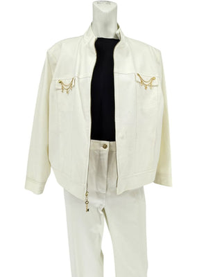 Escada White Stretch Denim Two-Piece Jacket & Pant Suit – Jacket Size XL / Pants Size 16