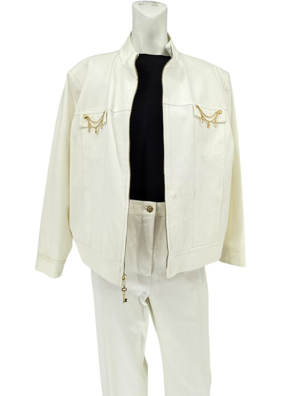 Escada White Stretch Denim Two-Piece Jacket & Pant Suit – Jacket Size XL / Pants Size 16