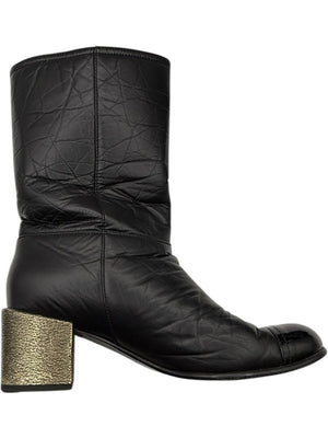 Chanel Black Leather & Patent Cap Toe Boots with Pearl Button Detail – Size 41