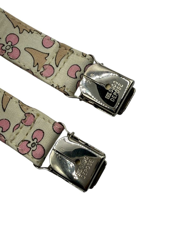 Chanel *Rare* printed suspenders with pink enamel CC logo clips — includes Chanel box