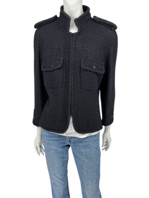 Chanel Women’s Black Textured Tweed Military-Inspired Jacket – Size 44