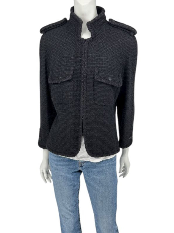 Chanel Women’s Black Textured Tweed Military-Inspired Jacket – Size 44
