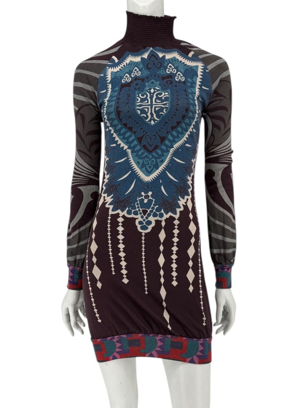 Custo Barcelona High-Neck Printed Long-Sleeve Mini Dress – Size Small