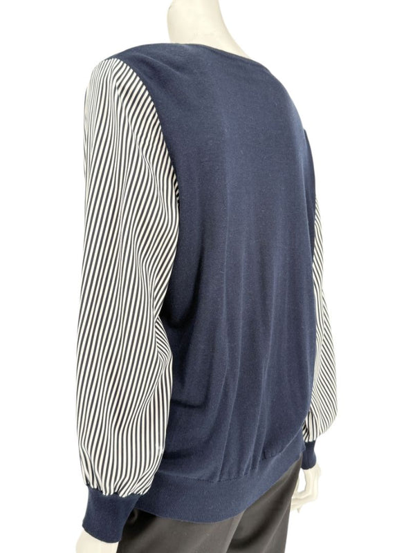 Neiman Marcus Navy Cashmere V-Neck Sweater with Striped Sleeves – Size XL