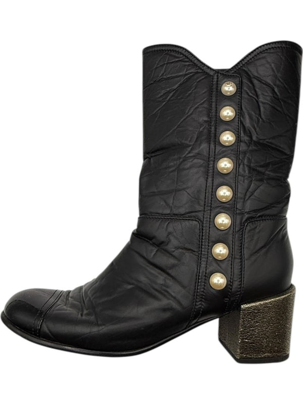 Chanel Black Leather & Patent Cap Toe Boots with Pearl Button Detail – Size 41