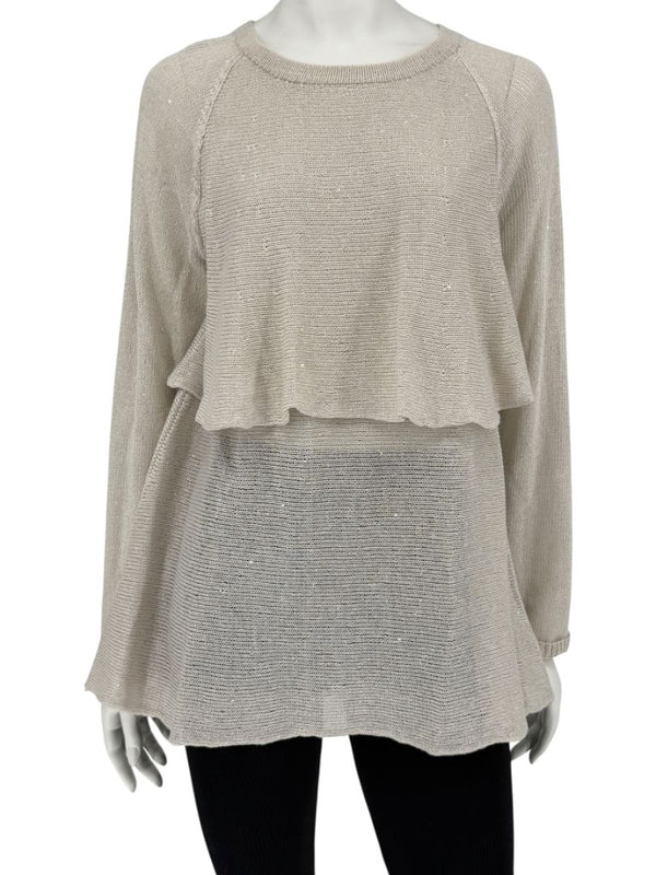 Brunello Cucinelli Beige Layered Linen & Silk Sequin Sweater – Size XL
