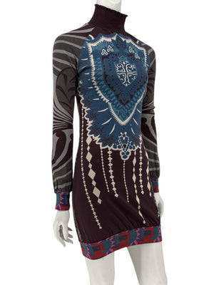 Custo Barcelona High-Neck Printed Long-Sleeve Mini Dress – Size Small
