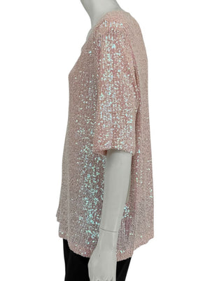 Caroline Rose Blush Sequin Knit Short-Sleeve Top – Size XL