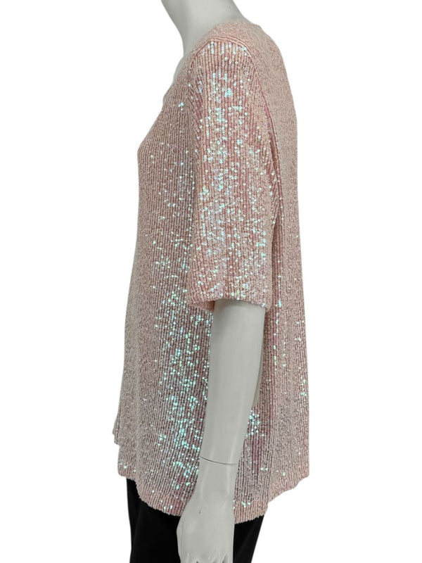 Caroline Rose Blush Sequin Knit Short-Sleeve Top – Size XL
