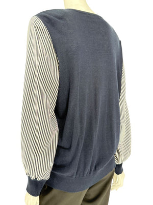 Neiman Marcus Navy Cashmere V-Neck Sweater with Striped Sleeves – Size XL