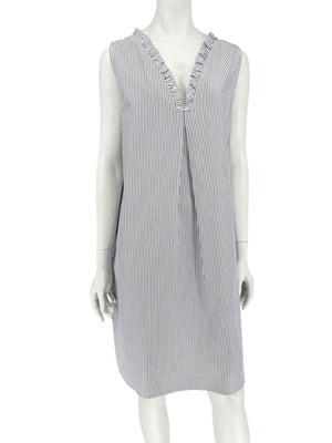 Lafayette 148 New York Navy & White Striped Sleeveless Shift Dress with Pockets – Size XL