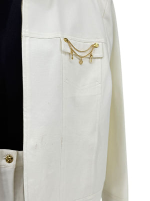 Escada White Stretch Denim Two-Piece Jacket & Pant Suit – Jacket Size XL / Pants Size 16