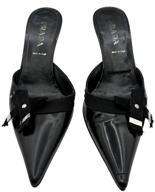Prada Y2K Ribbon Kitten Heel Mules - Size 37
