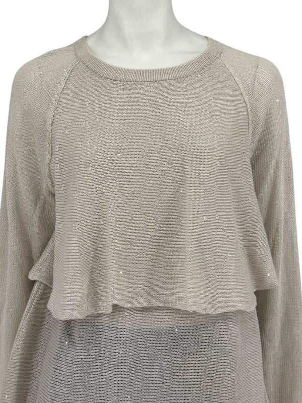 Brunello Cucinelli Beige Layered Linen & Silk Sequin Sweater – Size XL
