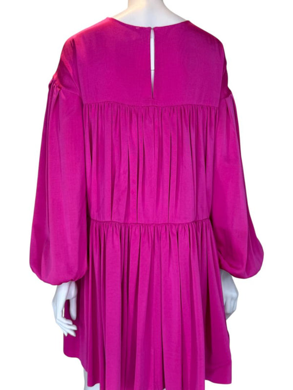 Adam Lippes Fuchsia Balloon-Sleeve Tiered Mini Dress – Size XS