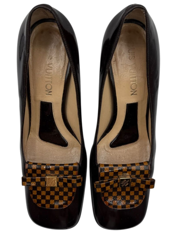 Louis Vuitton Brown Patent Leather Damier Accent Pumps Size 36.5