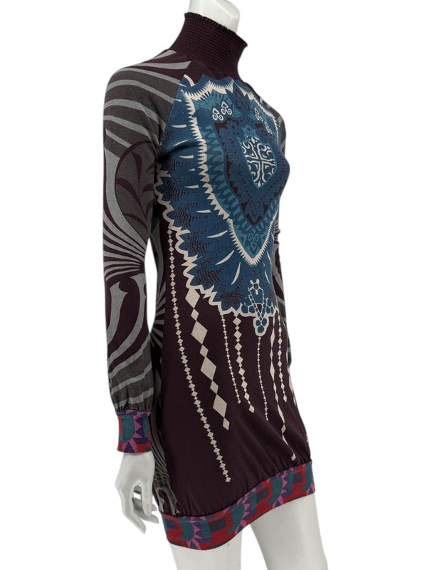 Custo Barcelona High-Neck Printed Long-Sleeve Mini Dress – Size Small