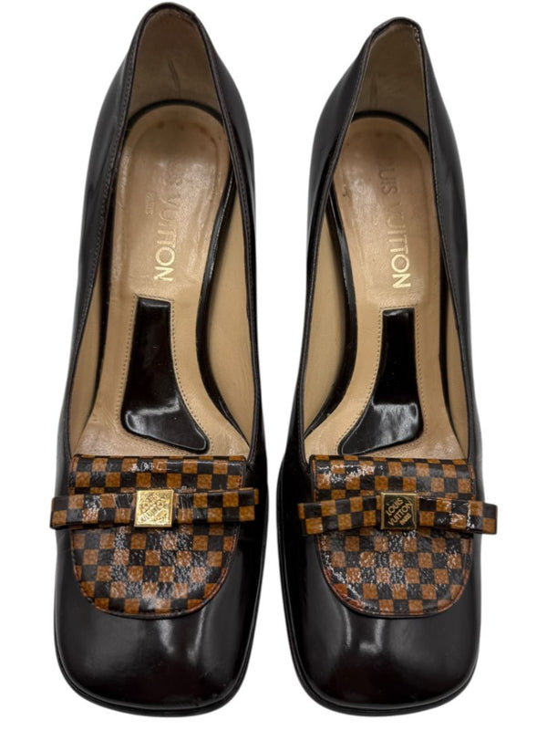 Louis Vuitton Brown Patent Leather Damier Accent Pumps Size 36.5
