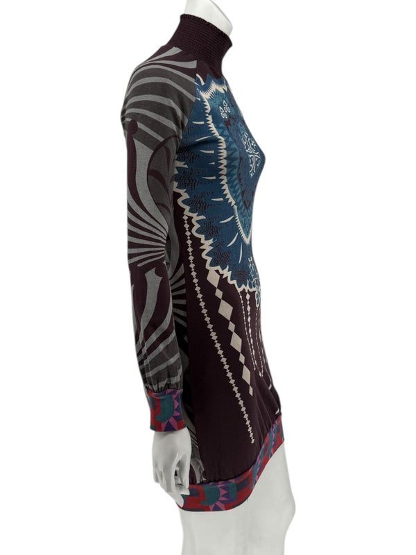 Custo Barcelona High-Neck Printed Long-Sleeve Mini Dress – Size Small