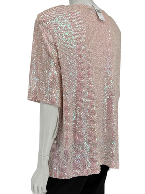 Caroline Rose Blush Sequin Knit Short-Sleeve Top – Size XL