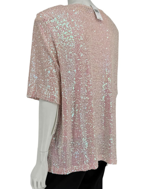 Caroline Rose Blush Sequin Knit Short-Sleeve Top – Size XL