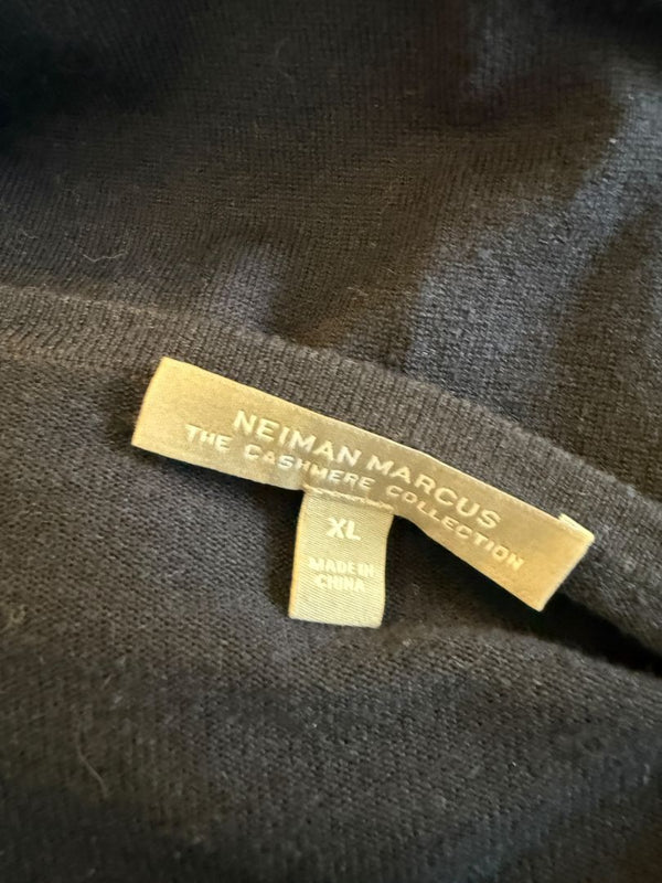 Neiman Marcus Navy Cashmere V-Neck Sweater with Striped Sleeves – Size XL