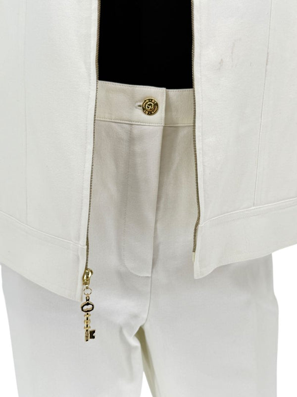 Escada White Stretch Denim Two-Piece Jacket & Pant Suit – Jacket Size XL / Pants Size 16