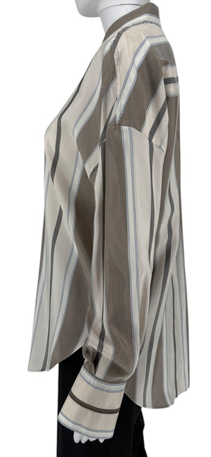 Brunello Cucinelli Italian Silk Striped Shirt with Monili Trim – Size M