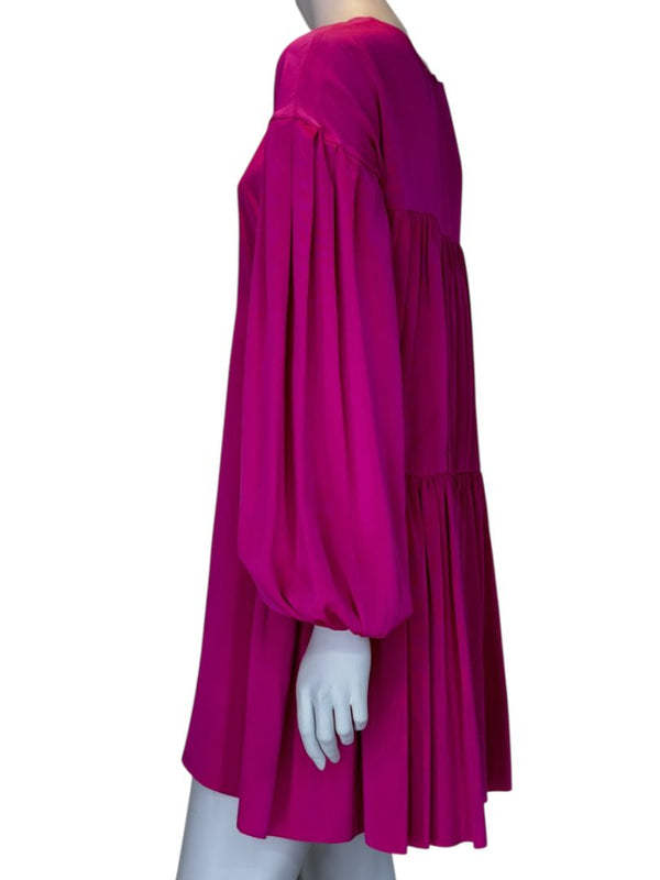 Adam Lippes Fuchsia Balloon-Sleeve Tiered Mini Dress – Size XS