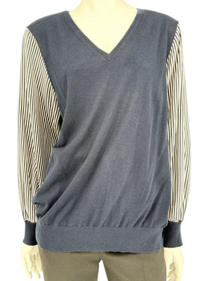 Neiman Marcus Navy Cashmere V-Neck Sweater with Striped Sleeves – Size XL