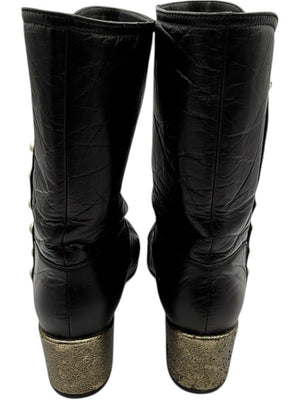 Chanel Black Leather & Patent Cap Toe Boots with Pearl Button Detail – Size 41