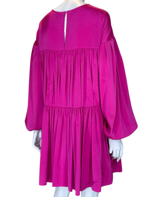 Adam Lippes Fuchsia Balloon-Sleeve Tiered Mini Dress – Size XS
